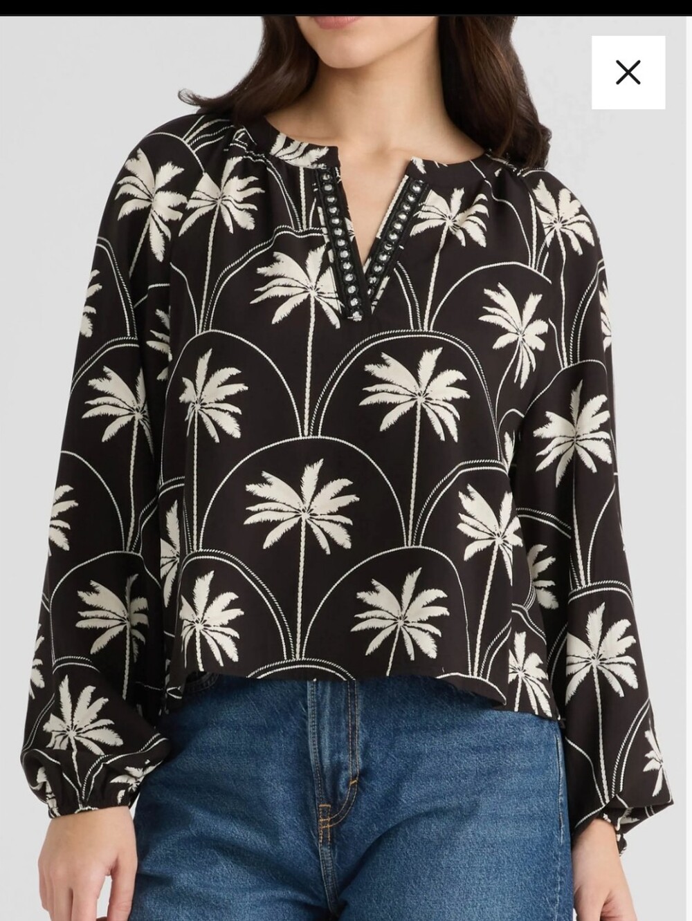 NVLT Palm-Print Long-Sleeve V-Neck Blouse Black/Whiye Size Small NWT